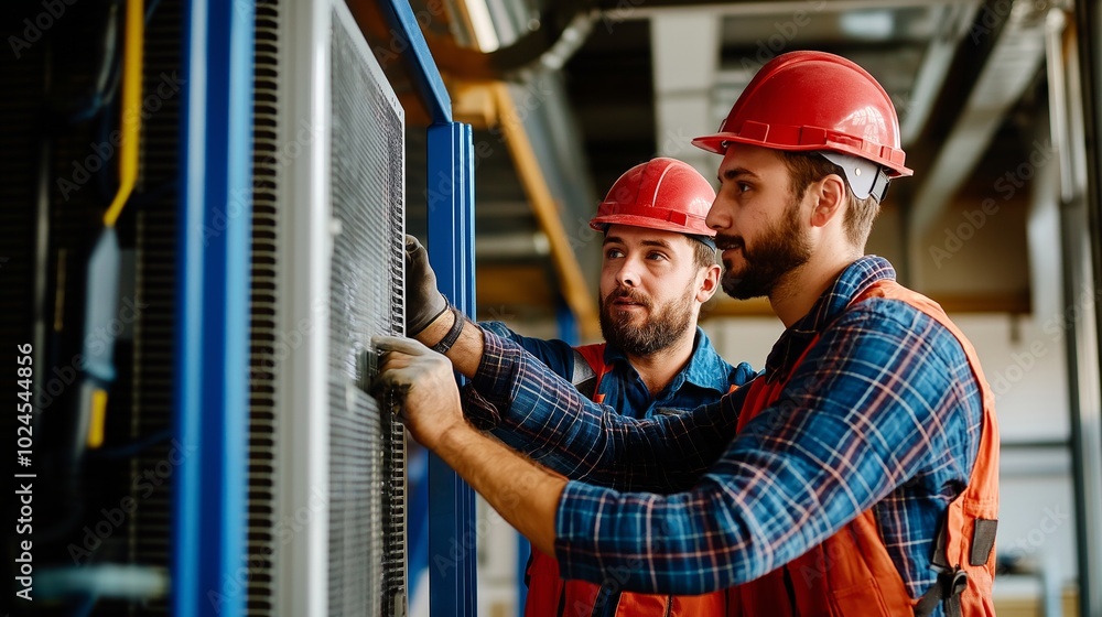Two men in hard hats repairing air conditioner. Experienced craftsman teaching novice workers how to repair and service air conditioner Two men in hard hats repairing air conditioner. Experienced craftsman teaching novice workers how to repair and service air conditioner