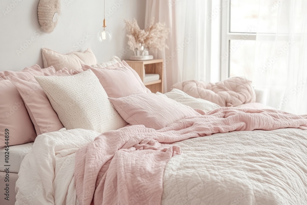 A chic and cozy bedroom with light blush pink tones on the bed and matching decor elements A chic and cozy bedroom with light blush pink tones on the bed and matching decor elements