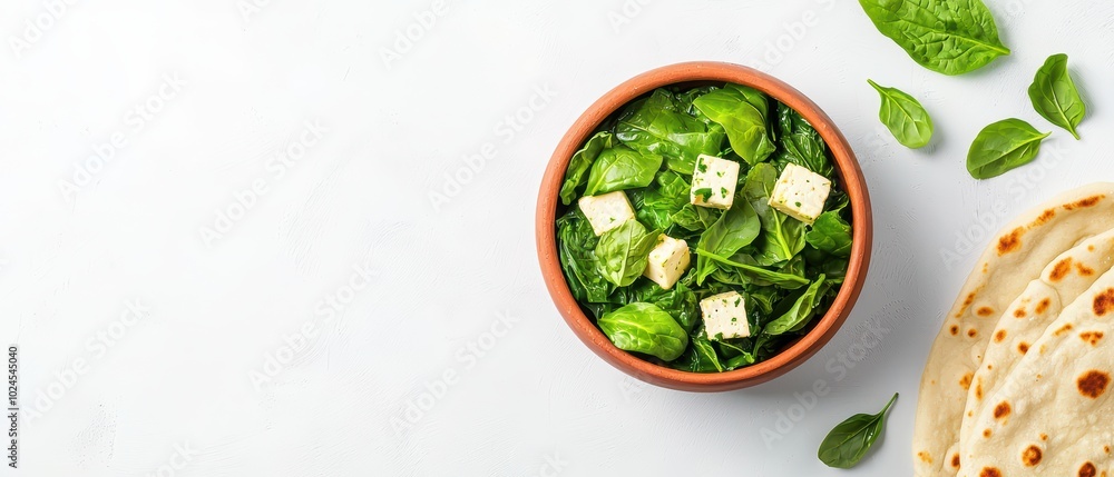A fresh spinach salad with cheese cubes served in a bowl alongside flatbread on a white background. A fresh spinach salad with cheese cubes served in a bowl alongside flatbread on a white background.