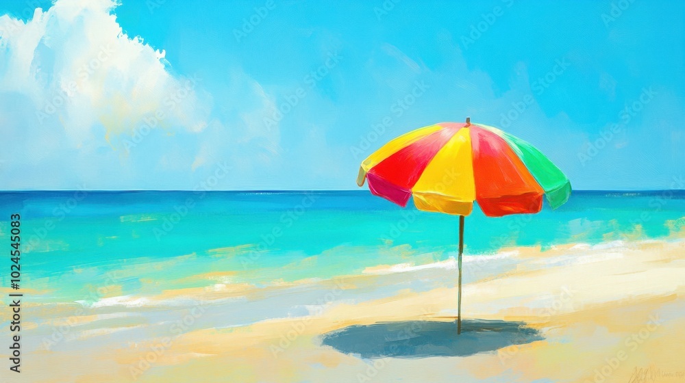 A vibrant, colorful beach umbrella standing tall on a sandy beach, set against a clear blue sky with a hint of the ocean. A vibrant, colorful beach umbrella standing tall on a sandy beach, set against a clear blue sky with a hint of the ocean.