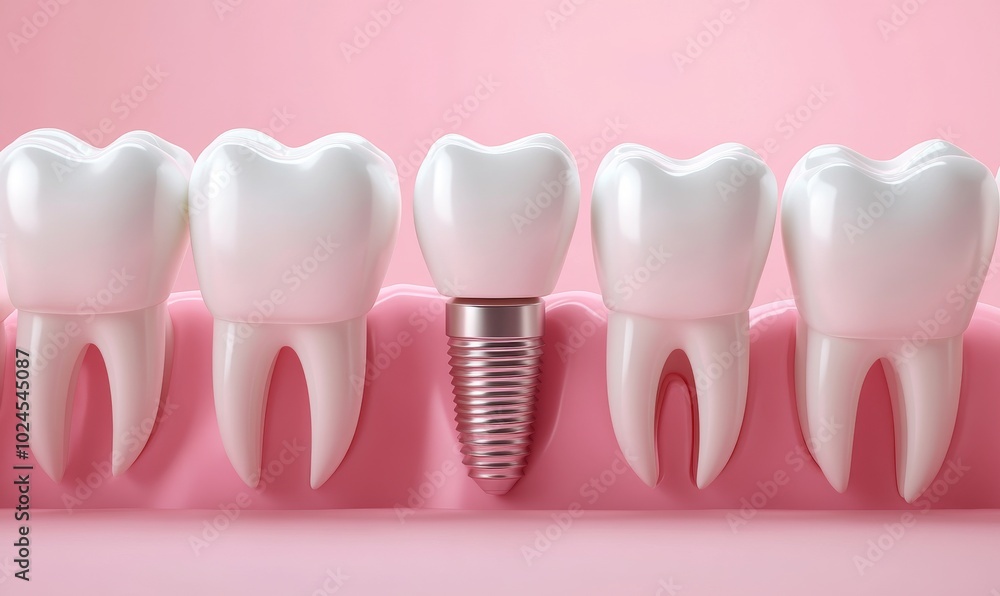 Dental implants between natural teeth on a pink background, highlighting modern dental technology and oral health. Dental implants between natural teeth on a pink background, highlighting modern dental technology and oral health.