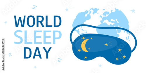 World Sleep Day. The Friday before Spring Vernal Equinox of each year. Horizontal white background with sleep mask, world map silhouette and text. Design for banner, greeting card, flyer, poster. 
