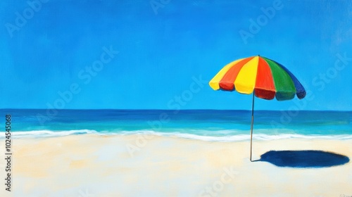 A vibrant, colorful beach umbrella standing tall on a sandy beach, set against a clear blue sky with a hint of the ocean.