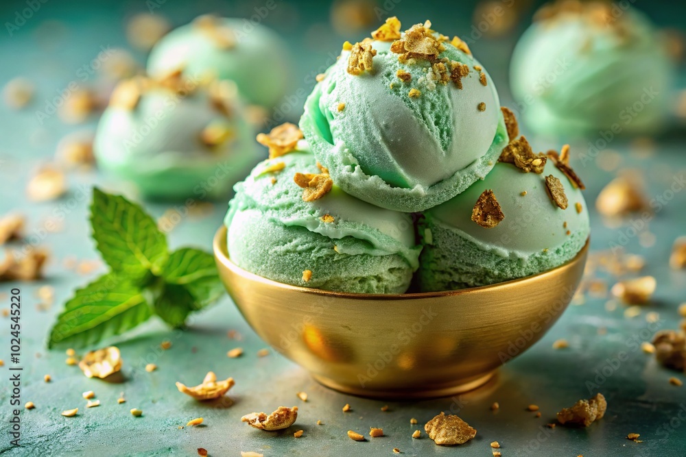 melting mint green ice cream with gold leaf decorations and golden splashes melting mint green ice cream with gold leaf decorations and golden splashes