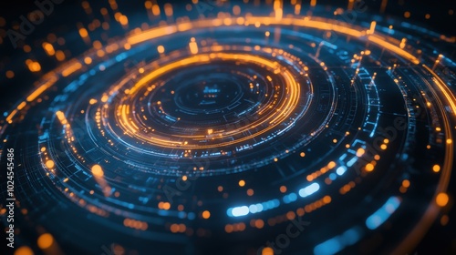 A circular digital interface with glowing blue and orange lines forming concentric rings