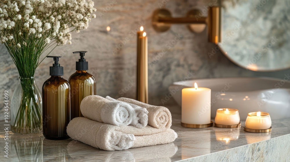Spa scene with candles, towels, and elegant bottles on a marble countertop. illustration Spa scene with candles, towels, and elegant bottles on a marble countertop. illustration