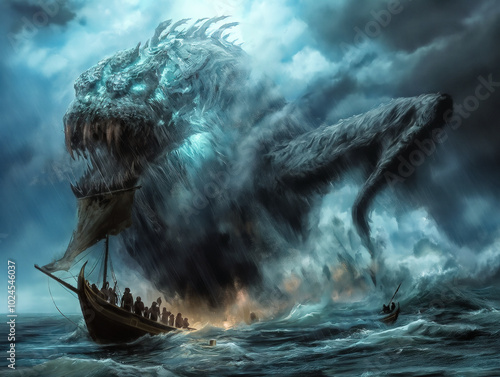 A giant monster is attacking a boat in the ocean. The monster is huge and has a mouth full of teeth. The boat is small and is being pulled under by the monster. Scene is scary and intense