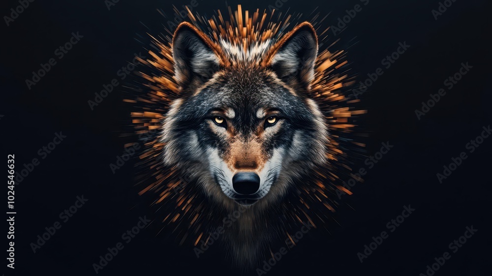 A wolf with colorful abstract design around its head. A wolf with colorful abstract design around its head.