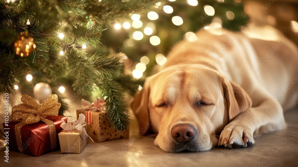 Relaxed Lab napping near a lit Christmas tree indoors. Relaxed Lab napping near a lit Christmas tree indoors.