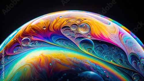 Mesmerizing macro swirls of iridescent soap bubble on dark background