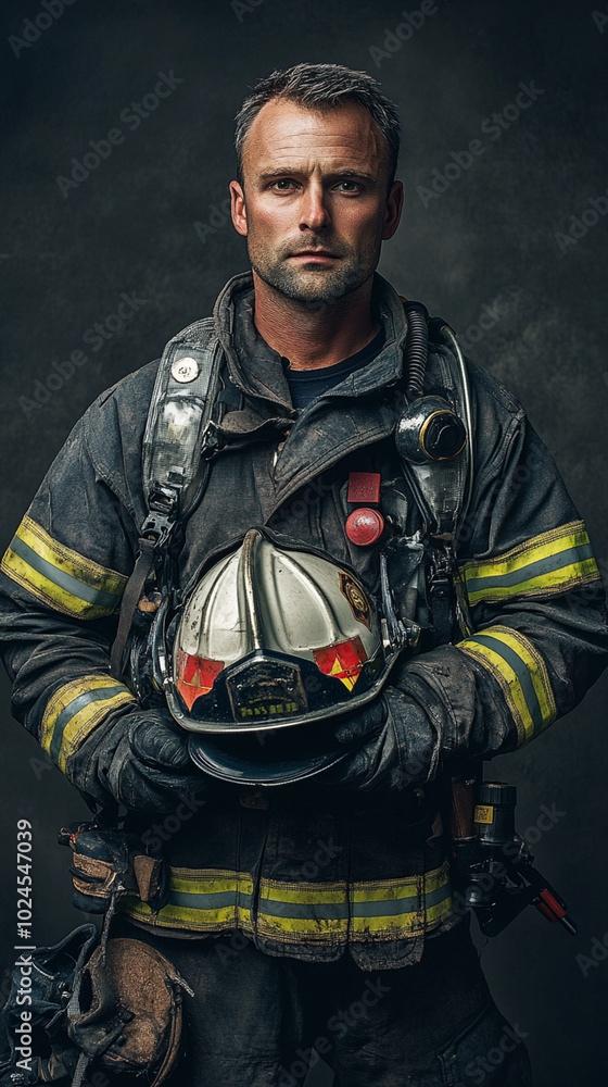 Naklejka premium Portrait of a Brave Firefighter in Gear
