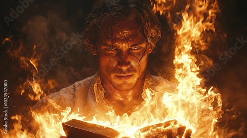 Man Holding Burning Book in Flames photo