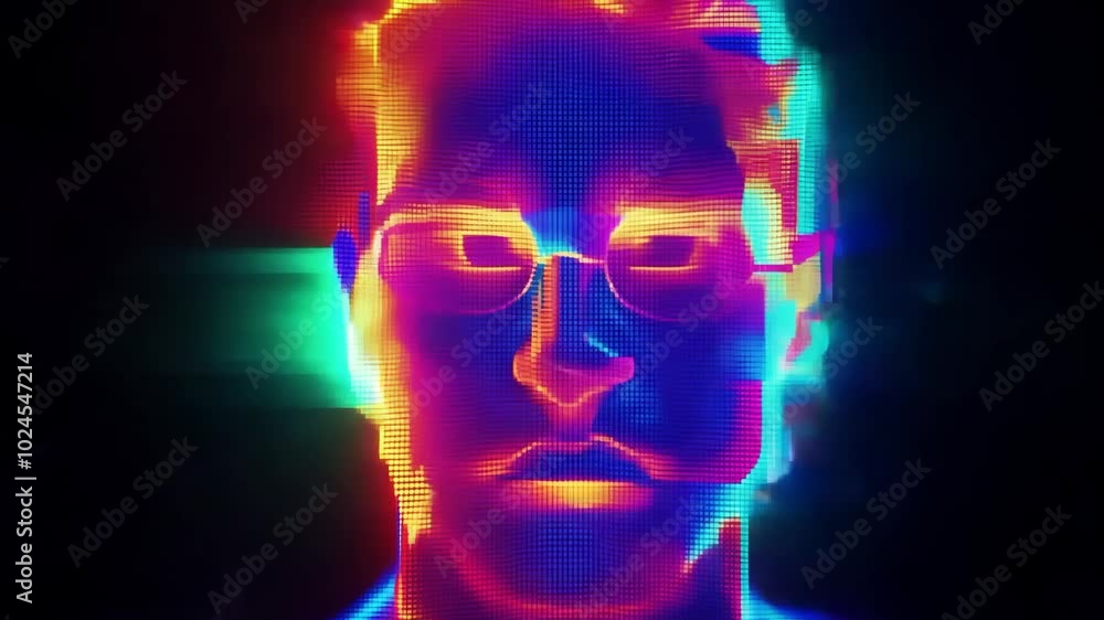 Neon digital portrait of a person in vibrant colors and abstract glitch effect Neon digital portrait of a person in vibrant colors and abstract glitch effect