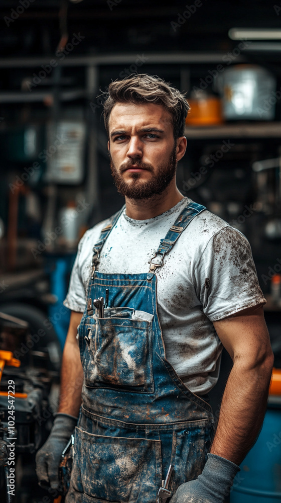 Young Man in Workshop with Overalls Young Man in Workshop with Overalls