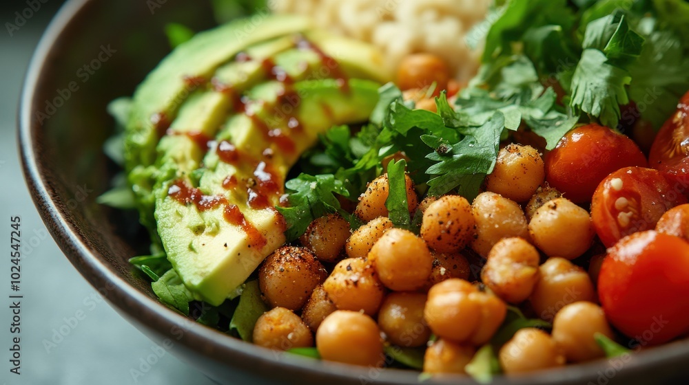 A close-up view of a bowl filled with a green salad topped with roasted chickpeas, avocado A close-up view of a bowl filled with a green salad topped with roasted chickpeas, avocado