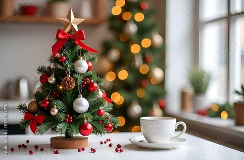 Wallpaper Mural A cup of hot coffee on the table next to the Christmas tree. A festively decorated coffee shop for Christmas and New Year. Torontodigital.ca