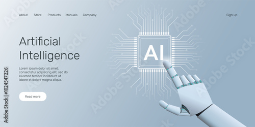 Web banner with robot finger presses on a light white AI chip or processor, technology, machine learning, neural network, Artificial Intelligence (AI) landing page concept.