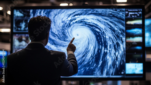 Meteorologist Analyzing Hurricane on Screen