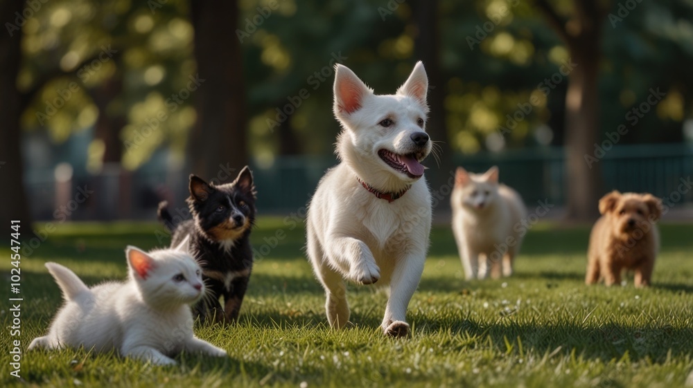 Dog with a Cat Playing in the Park over a blurry background Dog with a Cat Playing in the Park over a blurry background
