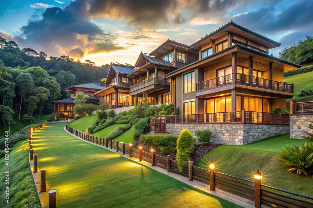 Charming villas atop a hill, embraced by verdant lawns and rustic wooden fences, create a peaceful oasis perfect for enjoying nature’s beauty. Charming villas atop a hill, embraced by verdant lawns and rustic wooden fences, create a peaceful oasis perfect for enjoying nature’s beauty.