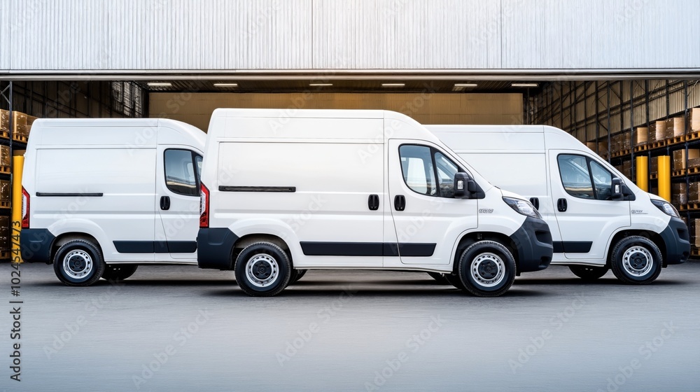 Three white cargo vans parked side by side in front of an open warehouse with visible shelving and boxes. Three white cargo vans parked side by side in front of an open warehouse with visible shelving and boxes.