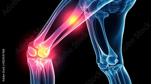 X-ray of knee joint, pain zone highlighted with a bright orange gradient, realistic bone outlines, glowing orange overlay effect on pain area, soft shadow gradients for depth,