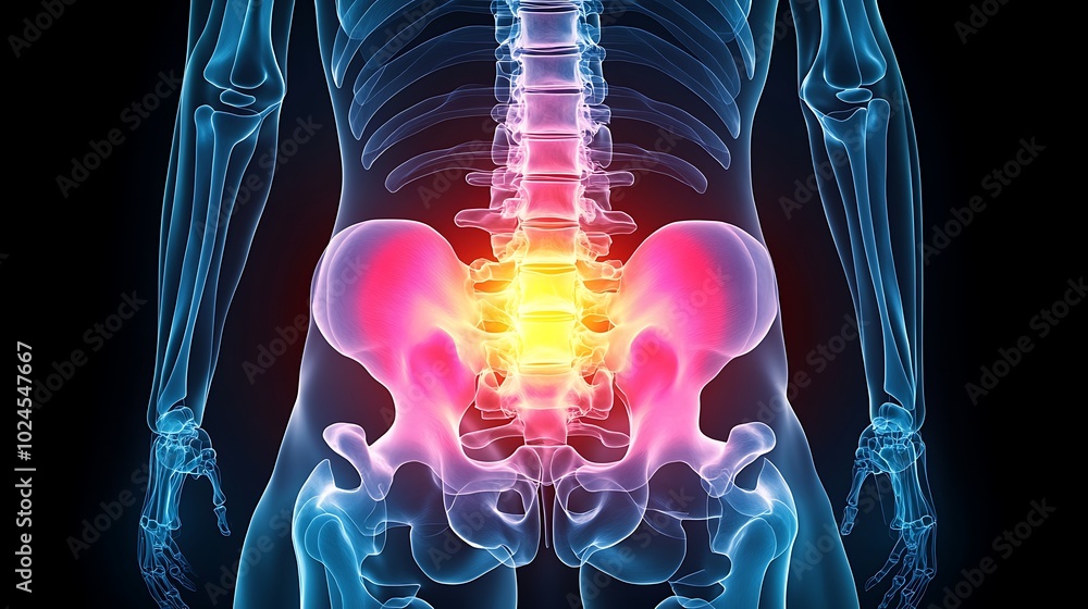 X-ray of lower back vertebrae, pain region highlighted with bold yellow gradient, detailed bone structure, clear vertebral contours and transparency, glowing yellow overlay effect on pain area, X-ray of lower back vertebrae, pain region highlighted with bold yellow gradient, detailed bone structure, clear vertebral contours and transparency, glowing yellow overlay effect on pain area,
