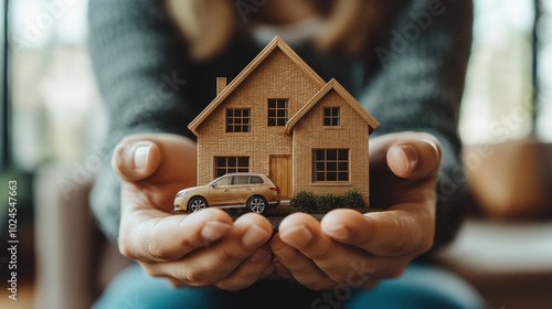 Hands holding a tiny house and car, symbol of care.