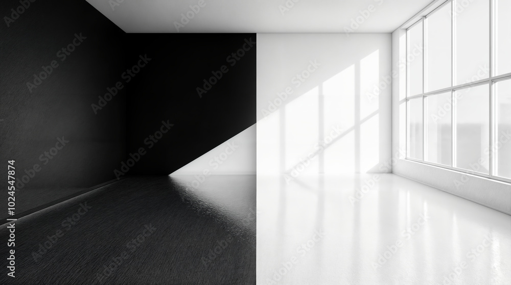 Obraz premium Sunlight illuminating a white wall in a half black half white empty room