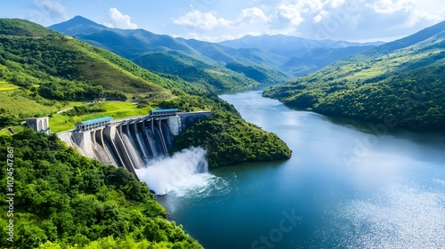 Aerial view showcasing a hydroelectric power plant surrounded by untouched natural landscape highlighting the production of clean renewable energy in an environmentally conscious manner