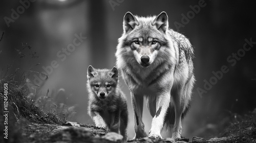 Wolf and Pup Walking in the Forest photo