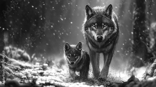 Wolf and Pup in a Snowy Forest