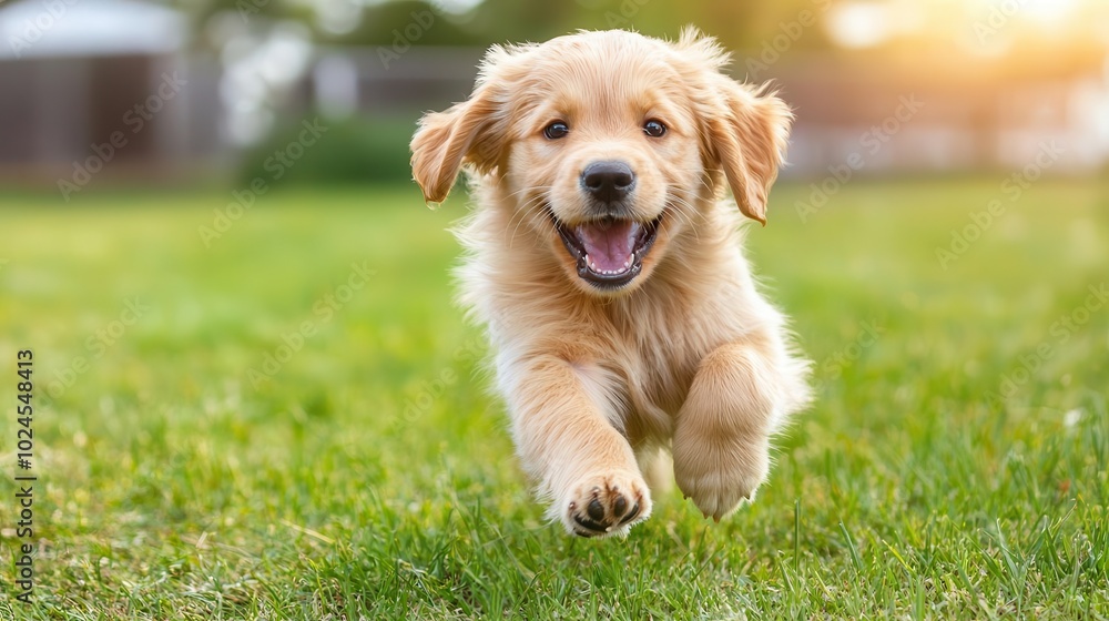 Golden retriever puppy running through a grassy backyard, domestic pet, joyful energy Golden retriever puppy running through a grassy backyard, domestic pet, joyful energy