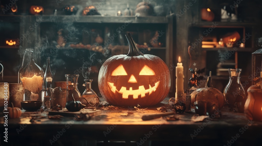 Fototapeta premium Jack-o'-lantern on a cluttered table in old workshop.