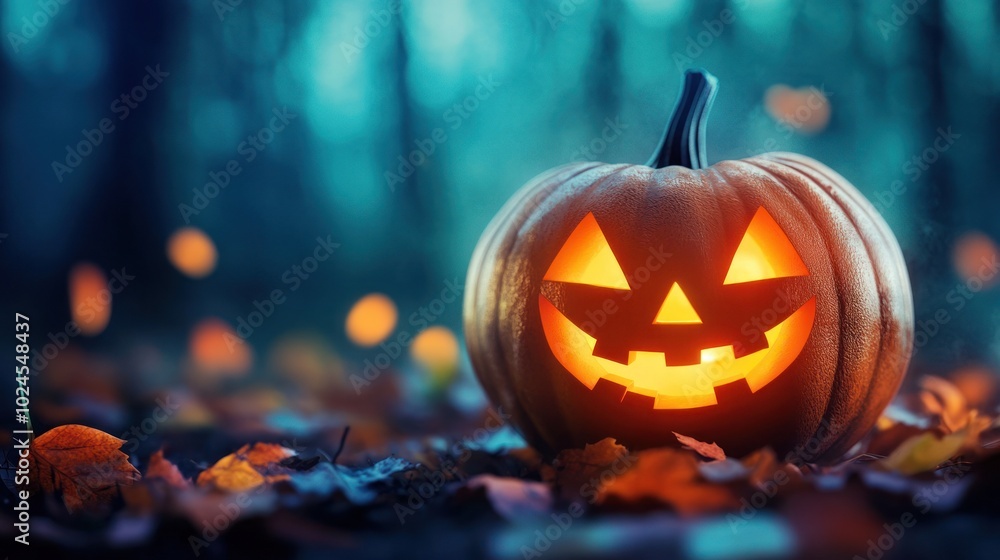 Single jack-o'-lantern glowing in a dark forest scene Single jack-o'-lantern glowing in a dark forest scene