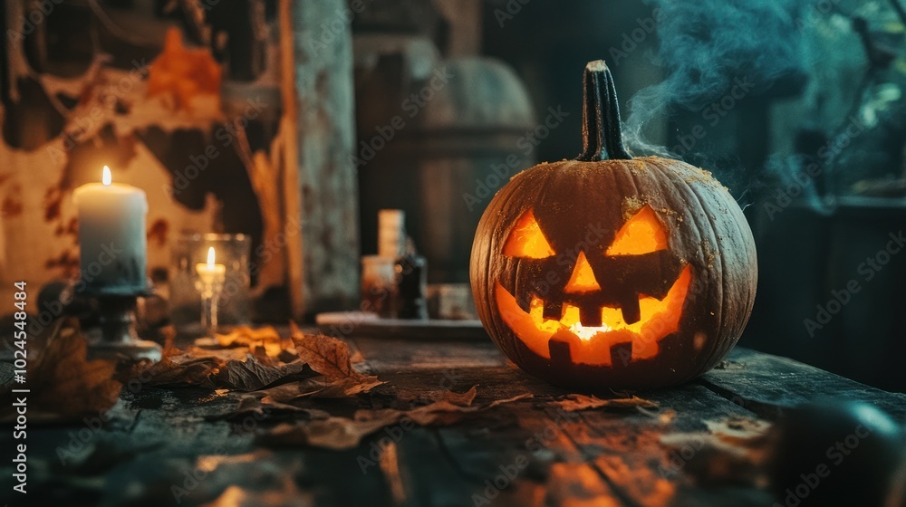Obraz premium Single jack-o'-lantern glowing warmly on rustic table