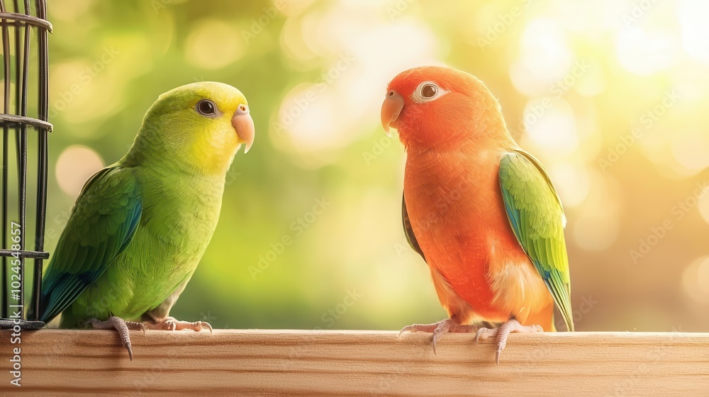 Lovebirds in a decorative cage by a sunny window, domestic birds, serene home decor Lovebirds in a decorative cage by a sunny window, domestic birds, serene home decor