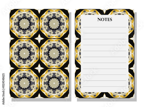 Notebook with decorative cover. Repeating seamless geometric pattern stationery. Black, gold, silver notebook. Modern and elegant style. Lined page for note-taking. Functional and visually appealing. 