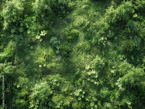 Top view of a green grass texture background, 3D rendering illustration, high-resolution photography, 8k. 
