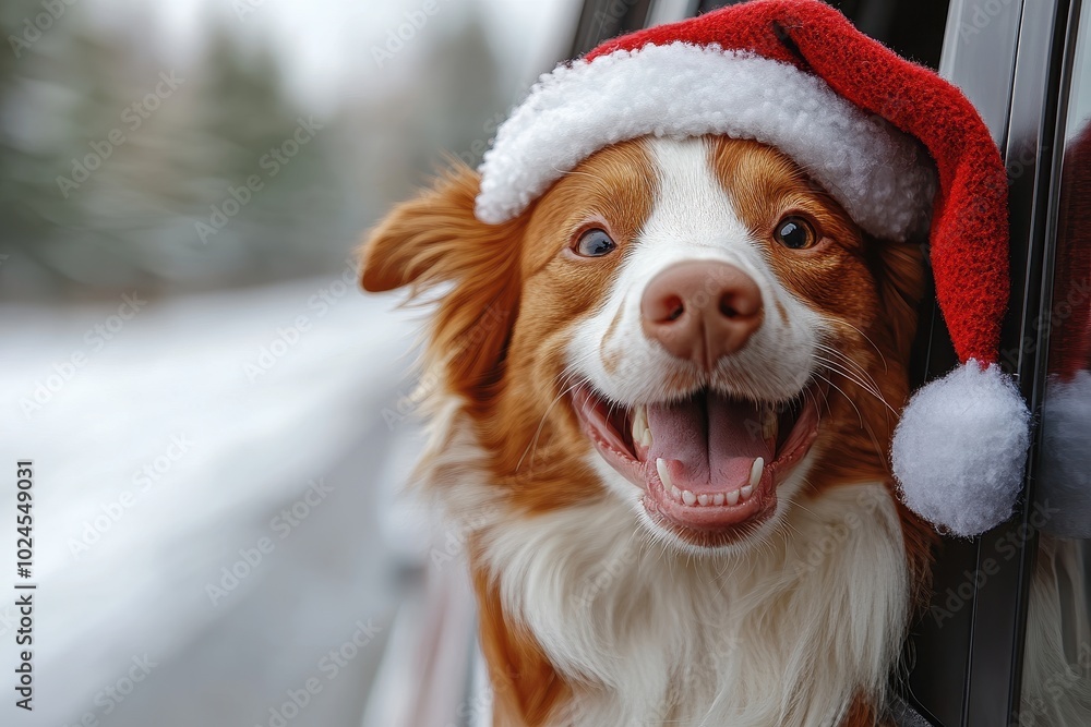 Cute Red Border Collie Dog Wearing a Santa Hat, Sitting in Car Window with Head Outside, Laughing Happily, Christmas Season, Natural Light, Real Photo
Cute Red Border Collie Dog Wearing a Santa Hat, Sitting in Car Window with Head Outside, Laughing Happily, Christmas Season, Natural Light, Real Photo