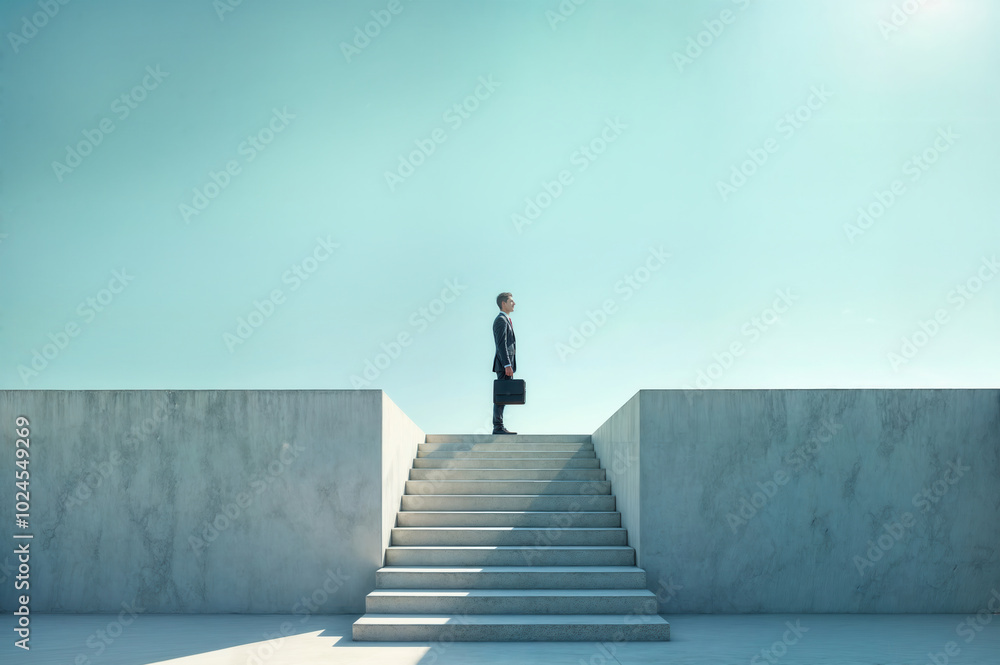Businessman standing on top of stairs looking at bright future Businessman standing on top of stairs looking at bright future