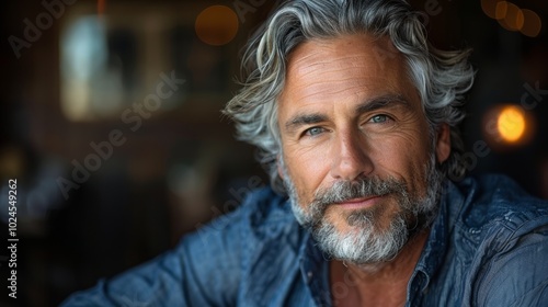 A close-up portrait of a mature man with silver hair and a beard, exuding charm and confidence in a softly lit environment.