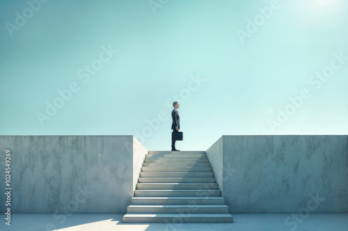 Businessman standing on top of stairs looking at bright future