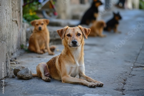 Stray Dogs on Street. Homeless Pets Sitting on Dirty Sidewalk