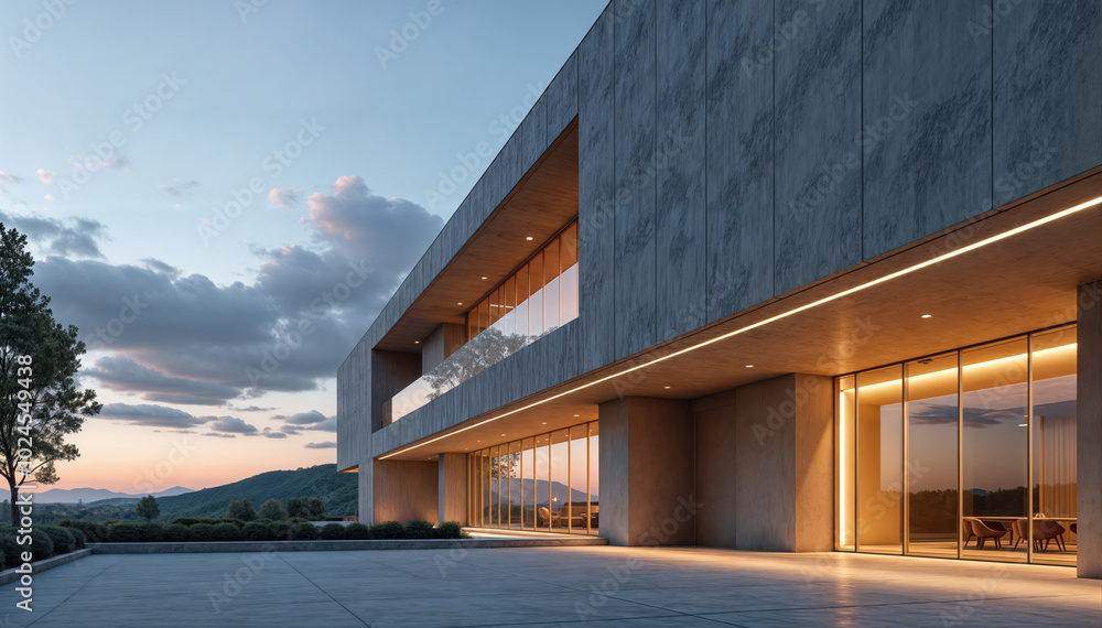 Modern concrete and glass home exterior at sunset with dramatic sky Modern concrete and glass home exterior at sunset with dramatic sky