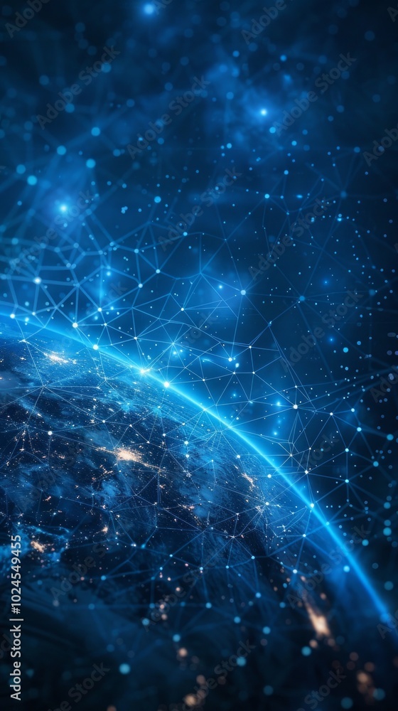 digital connections across continents like Europe. City lights highlight major cities, with stars adding a radiant blue glow. The image symbolizes global connectivity. digital connections across continents like Europe. City lights highlight major cities, with stars adding a radiant blue glow. The image symbolizes global connectivity.