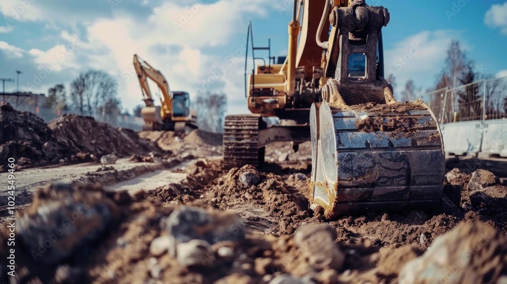 Fototapeta premium Image of construction site with two excavators in action. Yellow excavator digging, another in the background. Sky, trees, fence visible.
