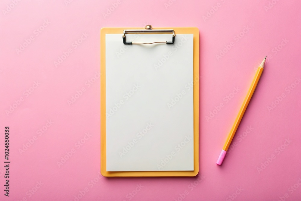 Stock photo of worm's eye view yellow clipboard with pencil and checkmark on pink pastel background Stock photo of worm's eye view yellow clipboard with pencil and checkmark on pink pastel background