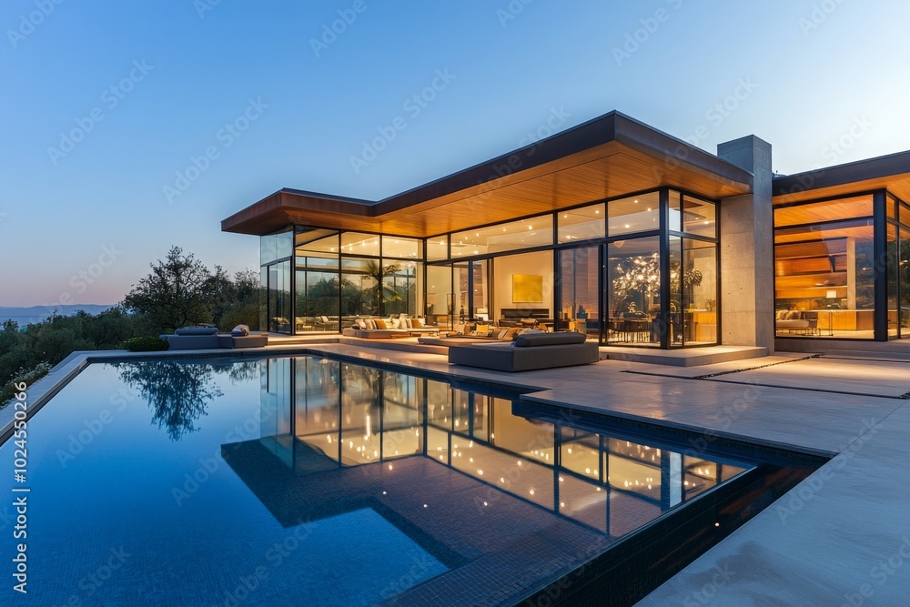 Obraz premium Modern Villa Exterior with Infinity Pool at Dusk