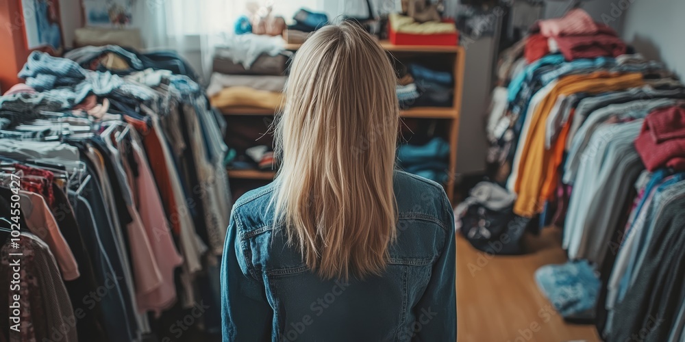 A young Caucasian woman standing in a messy room full of clothes, pondering her choices. A young Caucasian woman standing in a messy room full of clothes, pondering her choices.